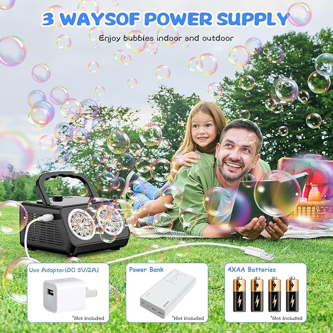 SHCKE Automatic Bubble Machine Upgrade Bubble Blower with 2 Fans,20000+ Bubbles Per Minute, USB-C or Battery Powered,Sealed Bottle, Portable Bubble Maker for Birthday Party Pool Wedding Outdoor