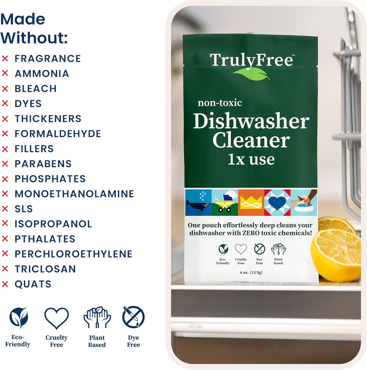 TrulyFreeHome Natural Dishwasher Cleaner – Machine Descaler, Fights Grease & Limescale, Lemon Fresh Scent, 4 oz