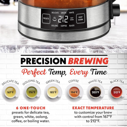 Gourmia Programmable Digital Glass Kettle – 1.7L Adjustable Temperature Electric Kettle with 6 Presets, Keep Warm, Stainless Steel Tea Infuser