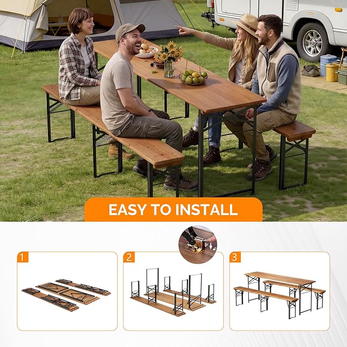 VINGLI 70 Inch Folding Picnic Tables with Benches Set, Weather-Resistant Wooden Beer Garden Table Bench, 3-Piece Portable Fold Up Camping BBQ Table,Walnut Color