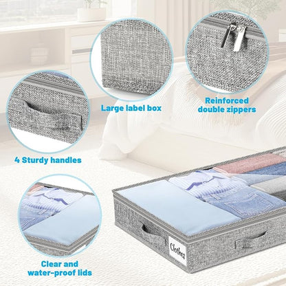 4 Inch Low Profile Under Bed Storage Drawer 2 Pack, Lightweight Underbed Clothes Storage Container Bins With NO STURCTURE, Shallow Storage Bag for Dorm & Home, With Clear Lids & Water-Resistant Fabric