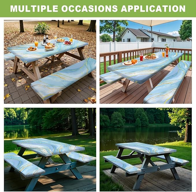 ANNA QUEEN 6FT Blue Marble Picnic Table Cover with Bench Covers Picnic Table Cover Set 3PCS 72"x30", Outdoor Bench and Tablecloth Furniture Protection