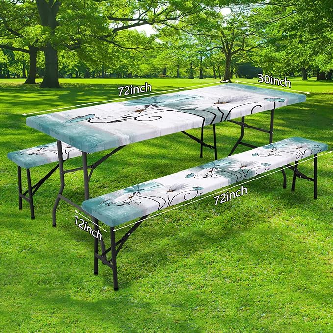Rustic Farmhouse Teal Flower Picnic Table Cover with Bench Covers, Waterproof Teal Daisy Floral Flowers Butterfly on Country Wooden Tablecloth for Camping Indoor Outdoor Party Decorations, 30X60in