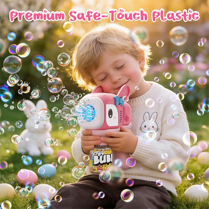 2 Pack Bunny Bubble Machine Gun for Toddlers,Fast Bubble Blast 10,000+ BPM, Leak-Proof Bubble Blower with LED Lights, Outdoor Spring Easter Toy Gift for Boys Girls Ages 3-6