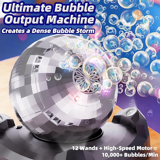 Bubble Machine for Kids & Toddlers 1-3, Automatic Disco Bubble Blower Maker with Bubble Solution, LED Lights & 360° Rotation, 10000+ Bubbles Per Min, Outdoor Game Toy for Easter Birthday Party