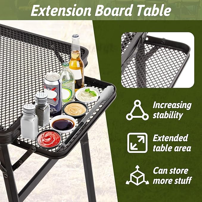 2.5 FT Picnic Table with 2 Wing Panels, Mesh Metal Folding Grill Table Height Adjustable & Lightweight & Portable Table for Outdoor Indoor Camping, Picnic, Beach and BBQ, RV