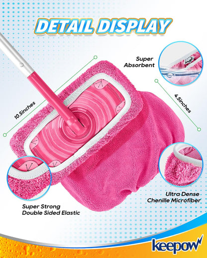 KEEPOW 6 Pack Reusable Mop Pads Compatible with Swiffer Sweeper, Coral Fleece Pink Washable Swiffer Mop Pads, Dry & Wet Sweeping Mopping Cloths (Pink, Not Included Mop)