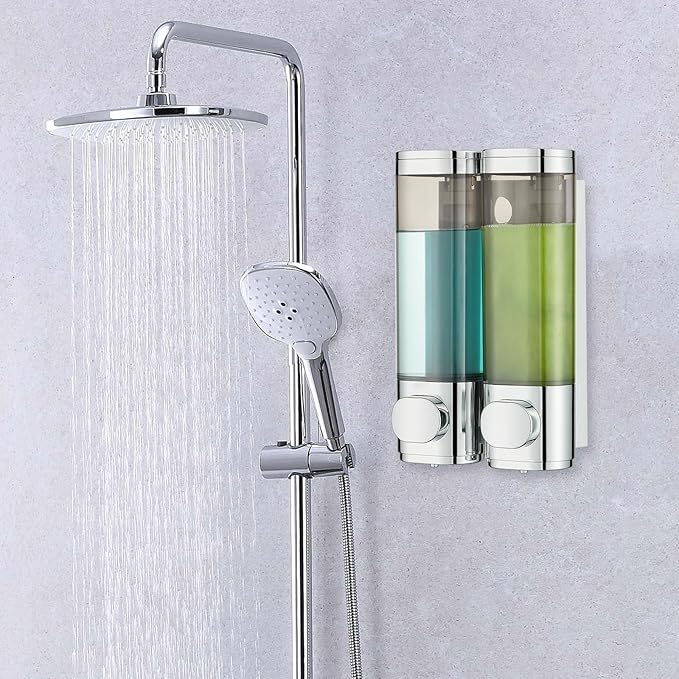 pollock Shampoo Dispensers for Shower Wall Mounted, Shower Shampoo Dispenser 2 Chamber No Drill Shampoo and Conditioner Dispenser Body Wash Dispenser for Bathroom,Large Capacity,Chrome