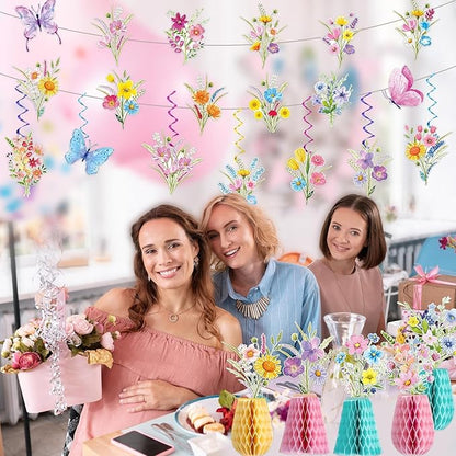 14PCS Spring Wildflower Party Decorations Wild Flower Garland Floral Banners Hanging Swirls Flower Honeycomb Centerpieces for Easter Baby Shower Wedding Garden Birthday Butterfly Party Decor Supplies