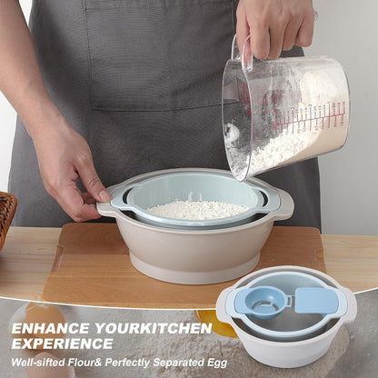 4-in-1 Baking Tools Set, Multifunctional Flour Sifter, Egg Separator, Mixing Bowl & Dough Scraper for Pastry & Cake Making
