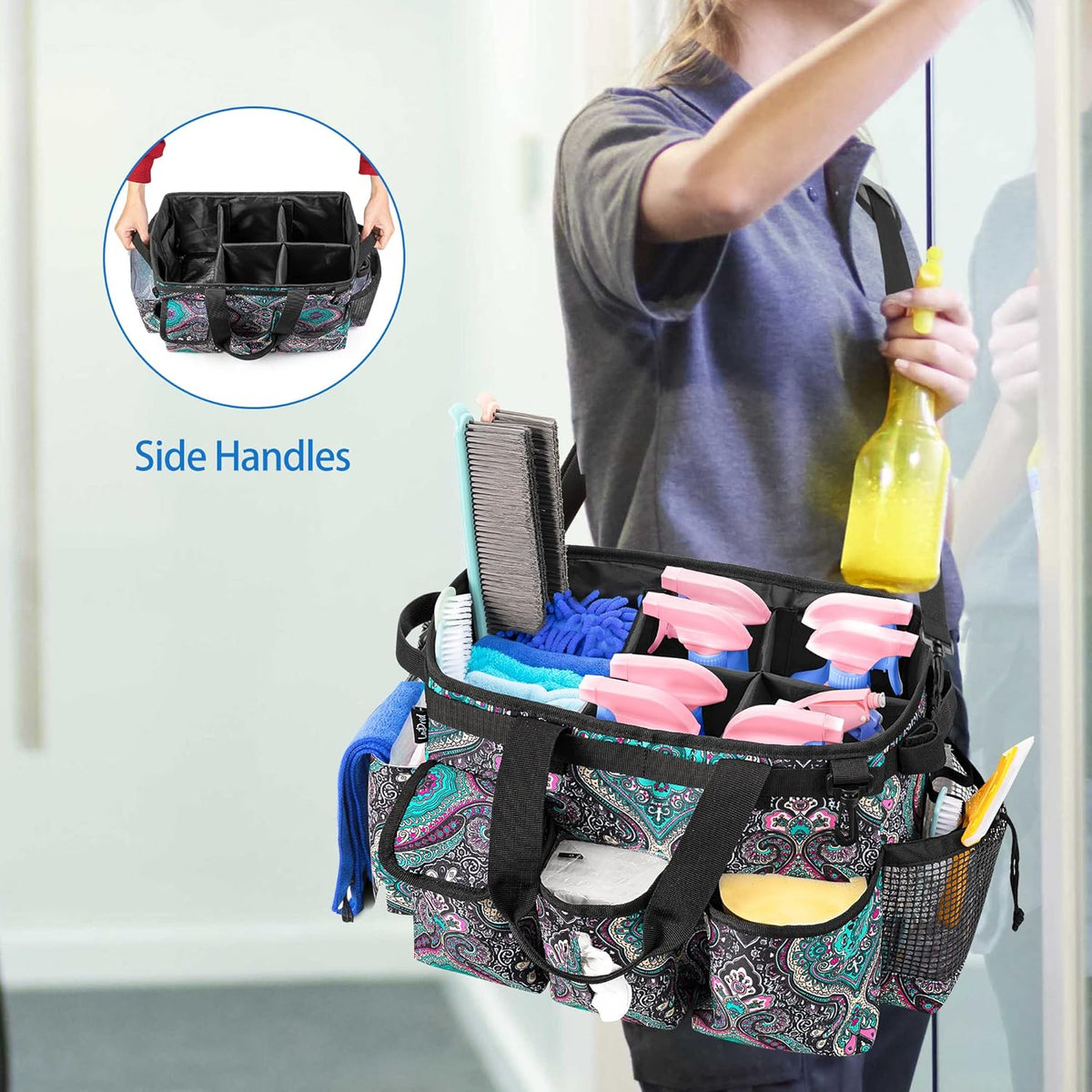 LoDrid Large Wearable Cleaning Caddy Bag with Detachable Divider, Cleaning Supply Tote Organizer with Handles and Adjustable Shoulder Strap for Cleaners & Housekeepers, Totem