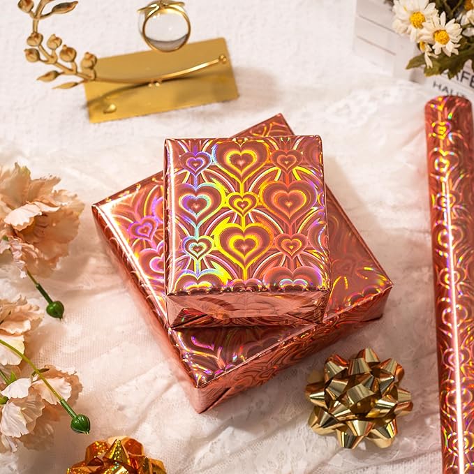 Burymento Rose Gold Wrapping Paper Roll, Metallic Holographic Heart Gift Wrap for Birthday, Valentines, Mothers day, Graduation, Wedding, Fathers day, Baby Shower, Christmas (17 IN x 32.8 FT)
