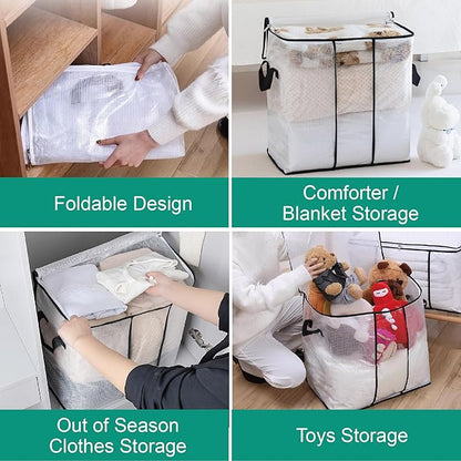 3 Pack 55L Closet Organizers and Storage Bags,Foldable Clothes Storage Box with Clear Window for Bedding, Blankets,Comforter,Pillows,Toys(Black)