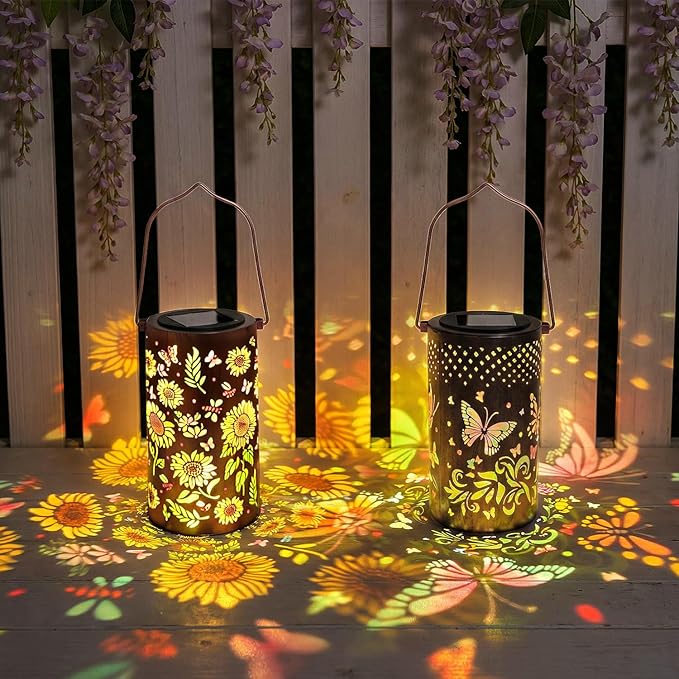 2 Pack Colorful Solar Lanterns Outdoor Waterproof - [Sunflower + Butterfly] - Decorative Outdoor Solar Hanging Lanterns for Porch Courtyard Table Path Garden Decor, Gifts for Mom Wife Grandma Women