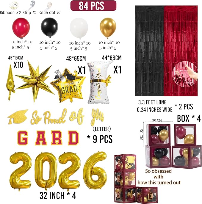 Graduation Decorations Class of 2026 - Maroon and Gold Graduation Decorations Set of 4 GRAD Balloon Boxes with Fringe Curtains So Proud of You Congrats Grad Party for Any Grades