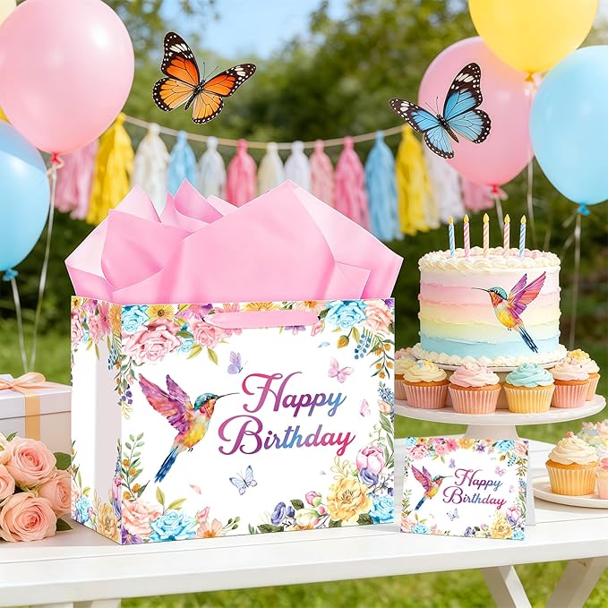 Hummingbird Birthday Gift Bag with Wrapping Paper and Greeting Card Floral Hummingbird Party Supplies Happy Birthday Classroom Party Wrapping Paper Bag for Women Girls Flower Bird Party Decorations