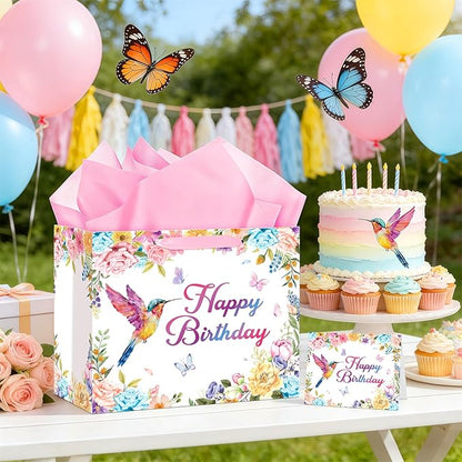 Hummingbird Birthday Gift Bag with Wrapping Paper and Greeting Card Floral Hummingbird Party Supplies Happy Birthday Classroom Party Wrapping Paper Bag for Women Girls Flower Bird Party Decorations