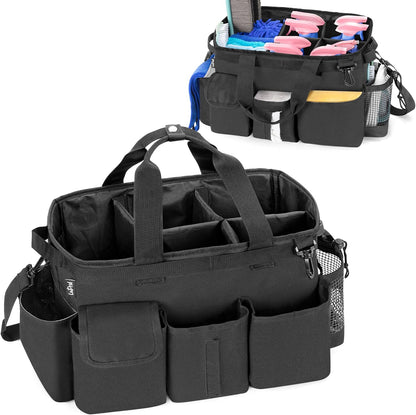 LoDrid Large Wearable Cleaning Caddy Bag with Detachable Divider, Cleaning Supply Tote with Handles, Organizer with Adjustable Shoulder Strap for Cleaners & Housekeepers, Black