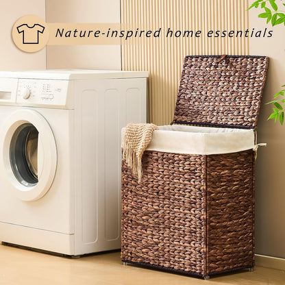Handwoven Laundry Basket with Lid, Natural Water Hyacinth Storage Basket with Handle, Removable Cotton Liner, Durable and Stylish for Bedroom, Bathroom, Laundry Room