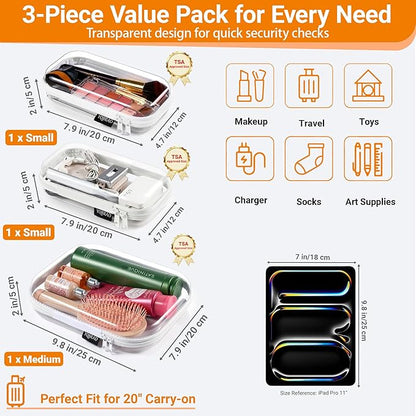 YQBRAO 3-Pack Clear Hard Shell Zipper Case, 1.2mm Heavy-Duty Crush-Proof Travel Makeup Bag, TSA Approved Clear Zipper Pouches, Rigid Toiletry & Diaper Bag Organizer for Toys, Tech & Art Supplies