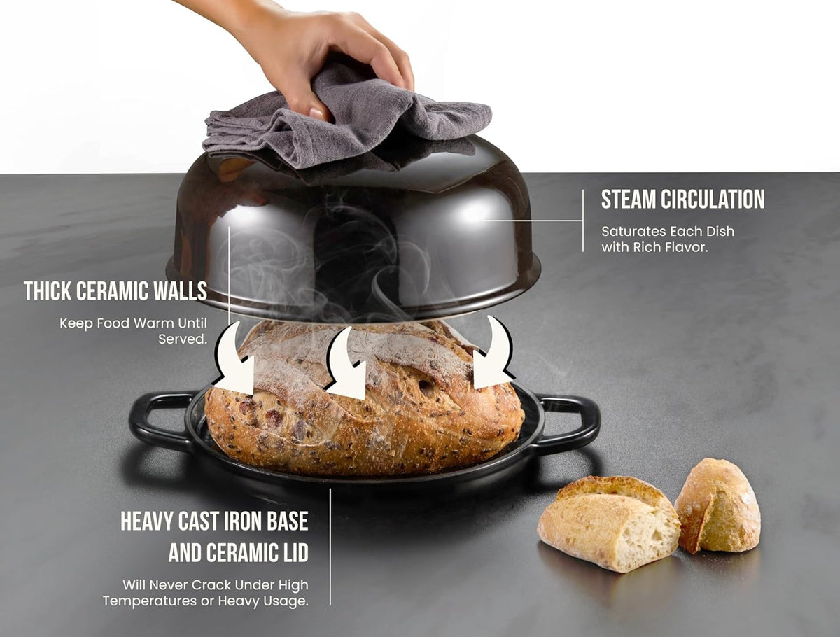 Kook Bread Oven, Sourdough Pan with Lid and Handles, Enameled Cast Iron Pan and Ceramic Lid, For Baking, Cooking, Roasting, Black