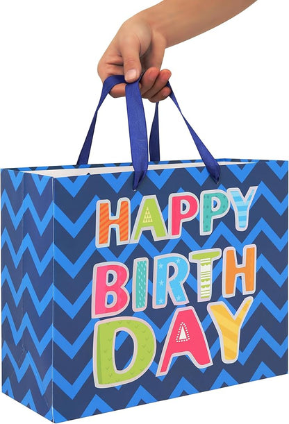 Qirrmiy 13" Large Blue Gift Bag Set with Greeting Card and White Tissue Papers (Laser Foil 'Happy Birthday') for Men's Birthday Party, Boys' or Kids' Parties, Baby Boy - 13”x5.2”x10.2”, 1 Pcs.