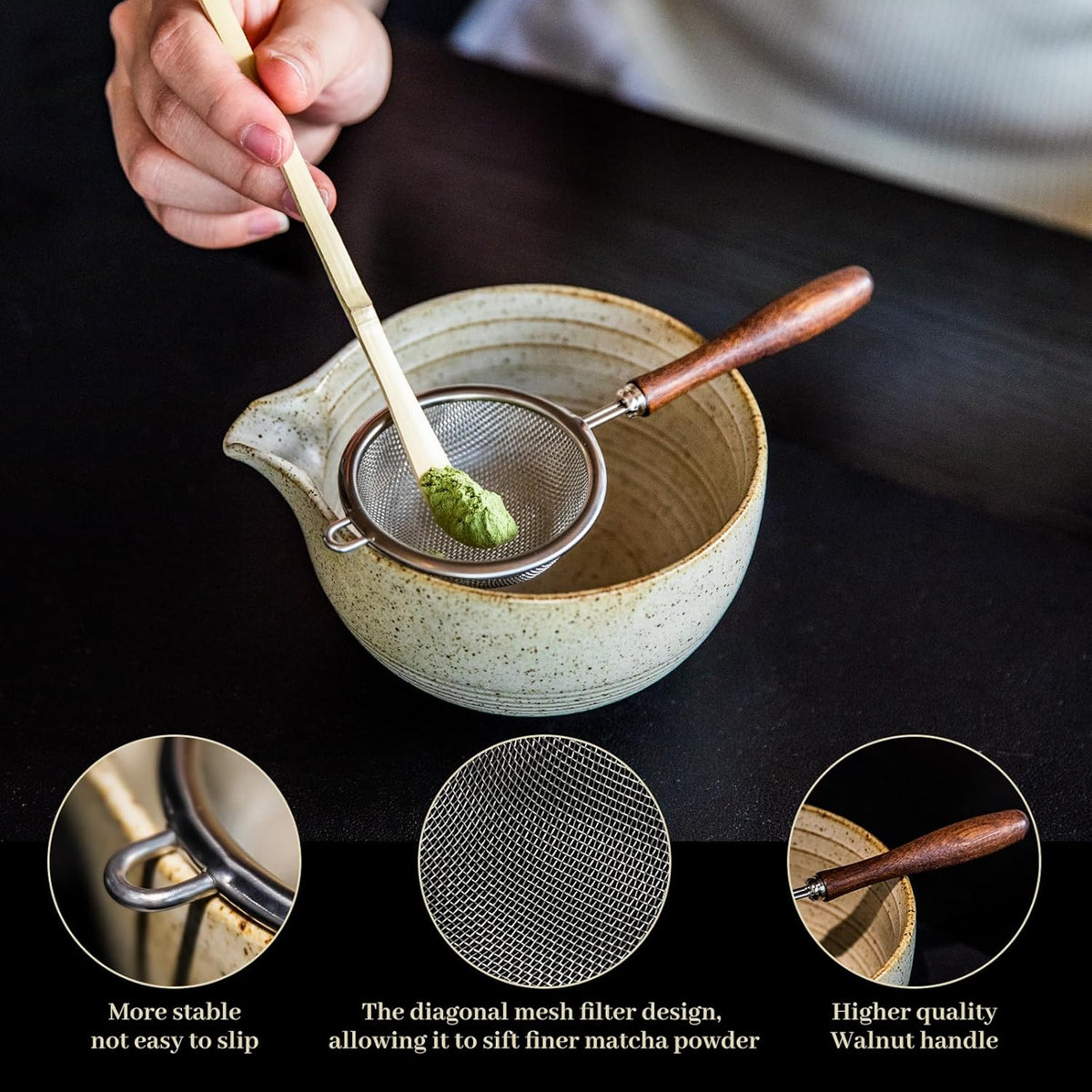 Matcha Set - Match Bowl with Spout and Whisk, 14 OZ, Matcha Scoop, Matcha Whisk and Holder, Matcha Sifter - 5pc Perfect Matcha Kit for Matcha Tea Ceremony (Mottled vintage)