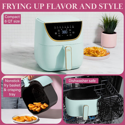 Paris Hilton Air Fryer, Large 6-Quart Capacity, Nonstick Made without PFAS, Touchscreen Display, 8-in-1 (Air Fry, Roast, Broil, Bake, Reheat, Keep Warm, Pizza, Dehydrate), Dishwasher Safe, Aqua