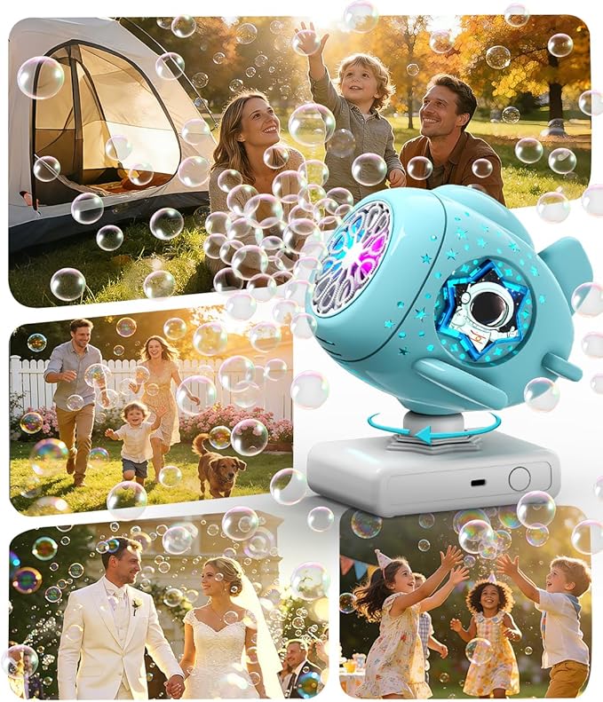 Bubble Machine, Bubble Maker for Parties, USB-C Charging with 360° Automatic Rotation and LED Light - Bubbles Maker Toys Gifts for Kids, Easter, Birthday, Parties, Wedding, Boys, Girls