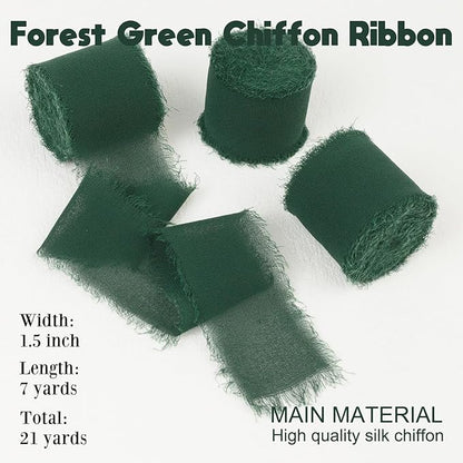 Forest Green Chiffon Fringe Silk Ribbon 1-1/2 Inch x 21 Yards - Boho Frayed Dark Green Ribbon for Gift Wrapping, Wedding Invitations, Bridal Flower Bouquets