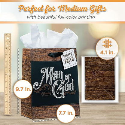 Christian Art Gifts Medium Portrait Scripture Gift Bag, Tag & Wrapping Tissue Paper Set for Men: Man of God, Matted, Satin Handles, Black/Brown/Silver