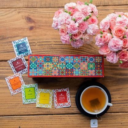 Octavius - Assorted Tea Variety Pack in Tile Motif Design Wooden Box, 6 Flavors, 60 Tea Bags, Black & Green Tea, Tea Gifts for Women & Men