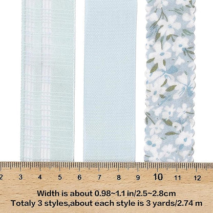 BEEFLYING 3 Styles Light Blue Wire Edged Ribbons for Gift Wrapping Decoration 25~28mm×2.7m Chiffon Ribbons Organza Ribbons for Wedding Party Hair Bows Flower Designs Sewing and Craft, 9 Yards