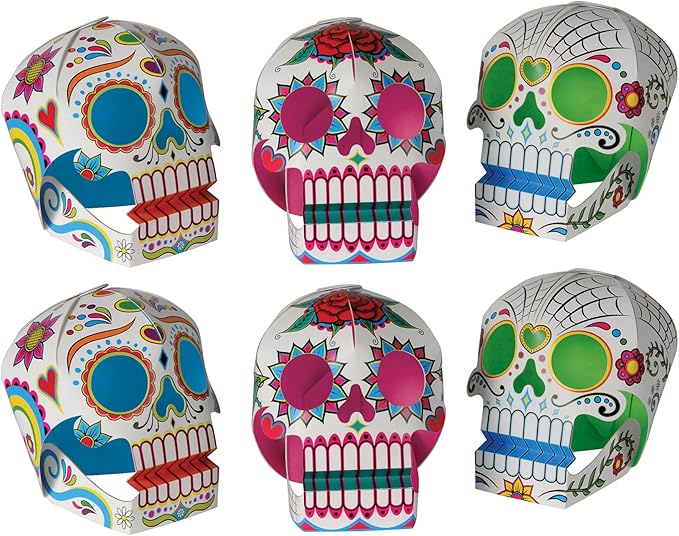 Beistle 6 Piece Three Dimensional Sugar Skull Day Of The Dead Centerpieces - Eye-Catching Dia De Los Muertos Party Decorations, Made In USA Since 1900