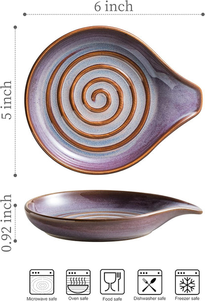 Spoon Rest, Ceramic Spoon Holder with Deep Drip Tray for Stove Top Utensils Holder for Countertop, with Handle for Easy Hold, Purple