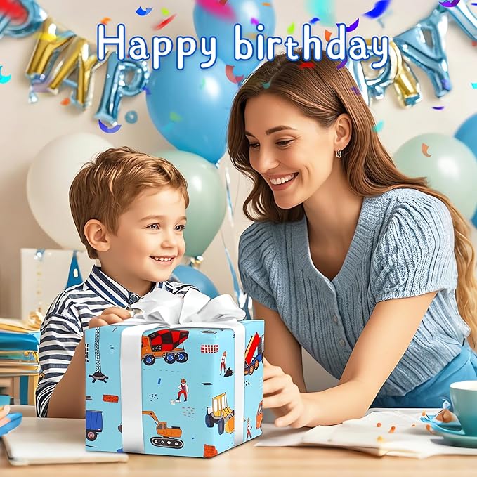 Gift Wrapping Paper Boy Kids Birthday Wrapping Paper Sheet Bulldozer Mixers Dumper Vehicles Pattern Excavator Tractor Dump Truck Road Under Construction Digger Wrapping Paper Birthday Gift Wrap