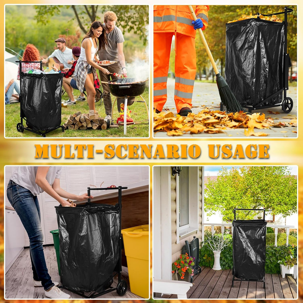 Leaf Bag Holder, Trash Bag Holder Stand, Lawn Bag Holder, Adjustable Outdoor Metal Portable Trash Bag Holder Stand Cart for 30-45 Gallon Garbage Bags for Leaves, Camping, Yard Weeding, Lawn Party