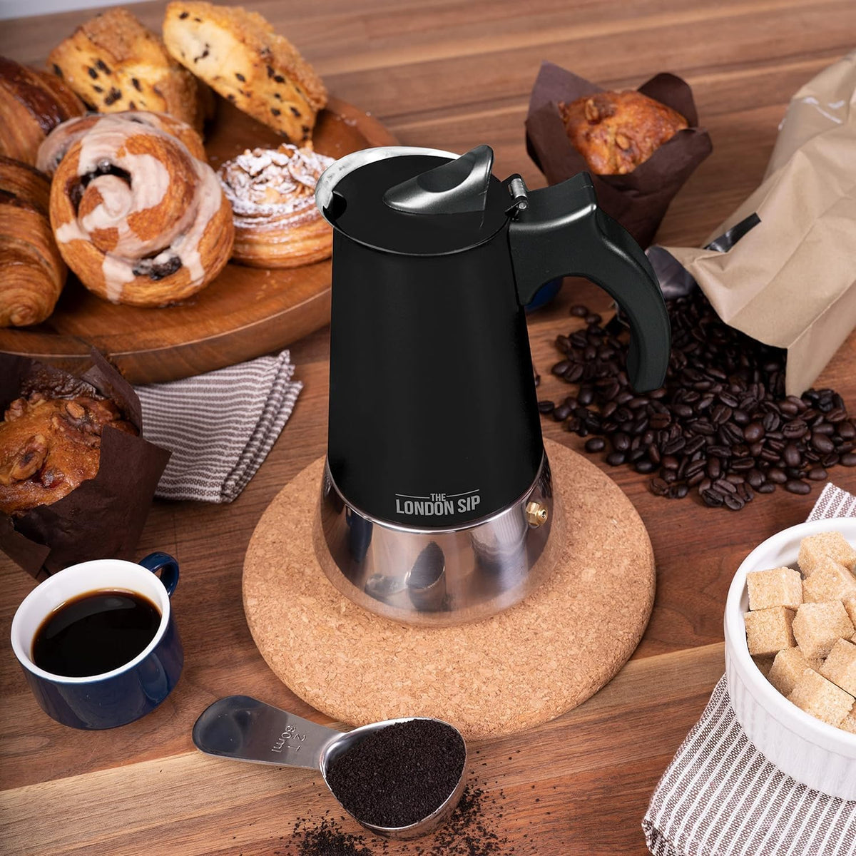 London Sip Stainless Steel Stovetop Espresso Maker Moka Pot Italian Coffee Percolator, Matte Black, Small (5.07 oz)