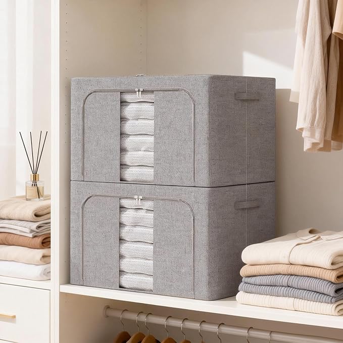 Amiya Clothes Storage Bins with Metal Frame,3-Pack Foldable Linen Fabric Storage Box with Lids, Stackable Organization and Storage Bins with Clear Window,Zippers,Handles(Grey,66L)