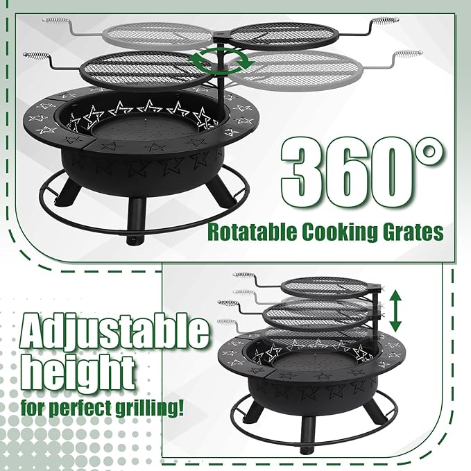 32.5" 3-in-1 Fire Pit Table with Dual Grills – Wood Burning Firepit for Outside Cooking, BBQ Grate & Round Patio Table – Includes Charcoal Pan, Log Rack,Poker & Lid for Backyard, Garden