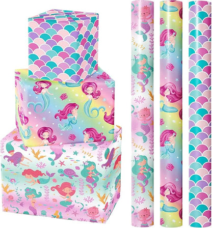 WRAPAHOLIC Mermaid Wrapping Paper Roll - 3 Short Roll - Birthday Wrapping Paper for Kids Girls Birthday, Mermaid Party, Baby Shower - 17 Inch x 120 Inch Per roll