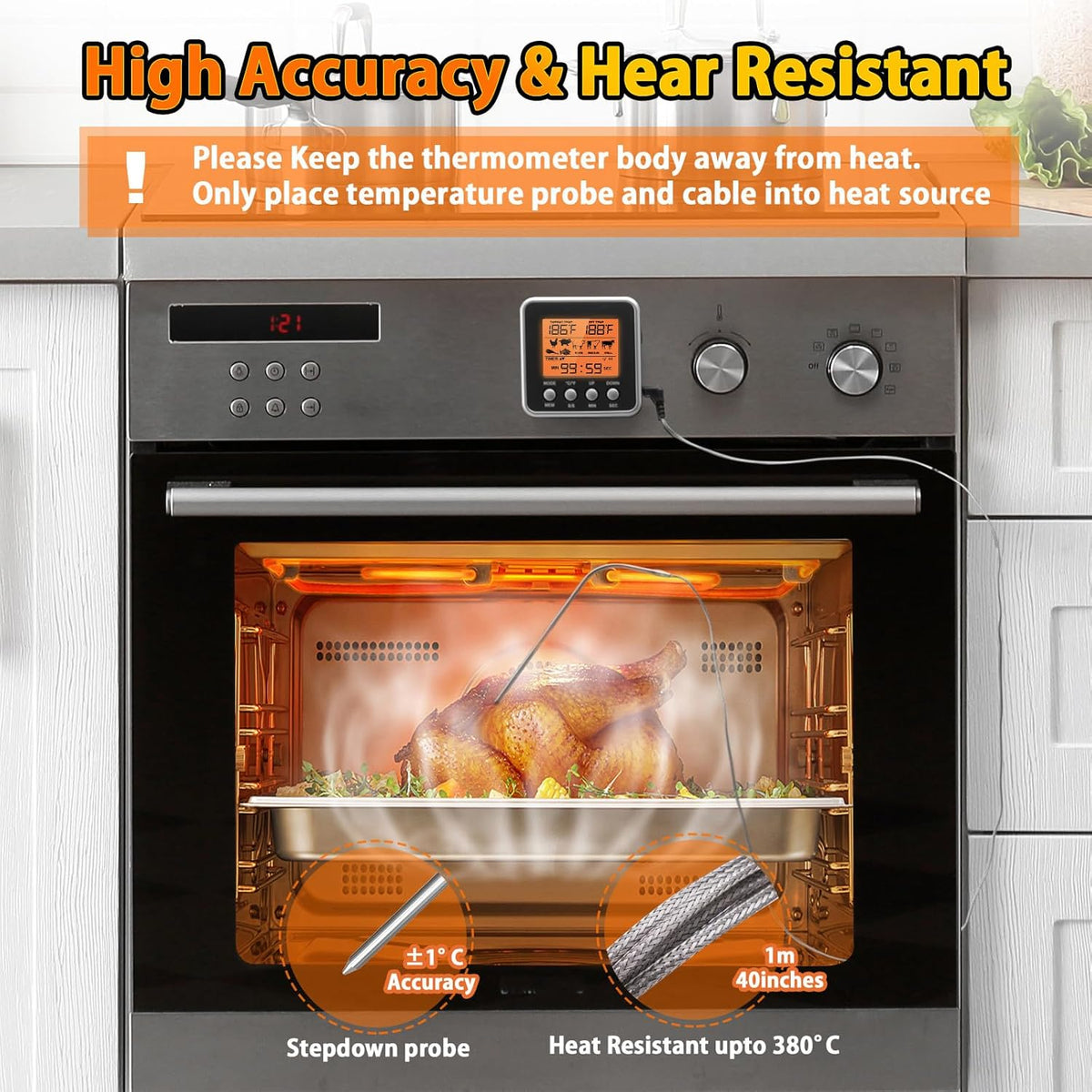 Digital Meat Thermometer for Oven, Food Thermometer with Large LCD, Backlight, Kitchen Timer, Temperature/Time Alarm for Smoker, BBQ, Barbecue