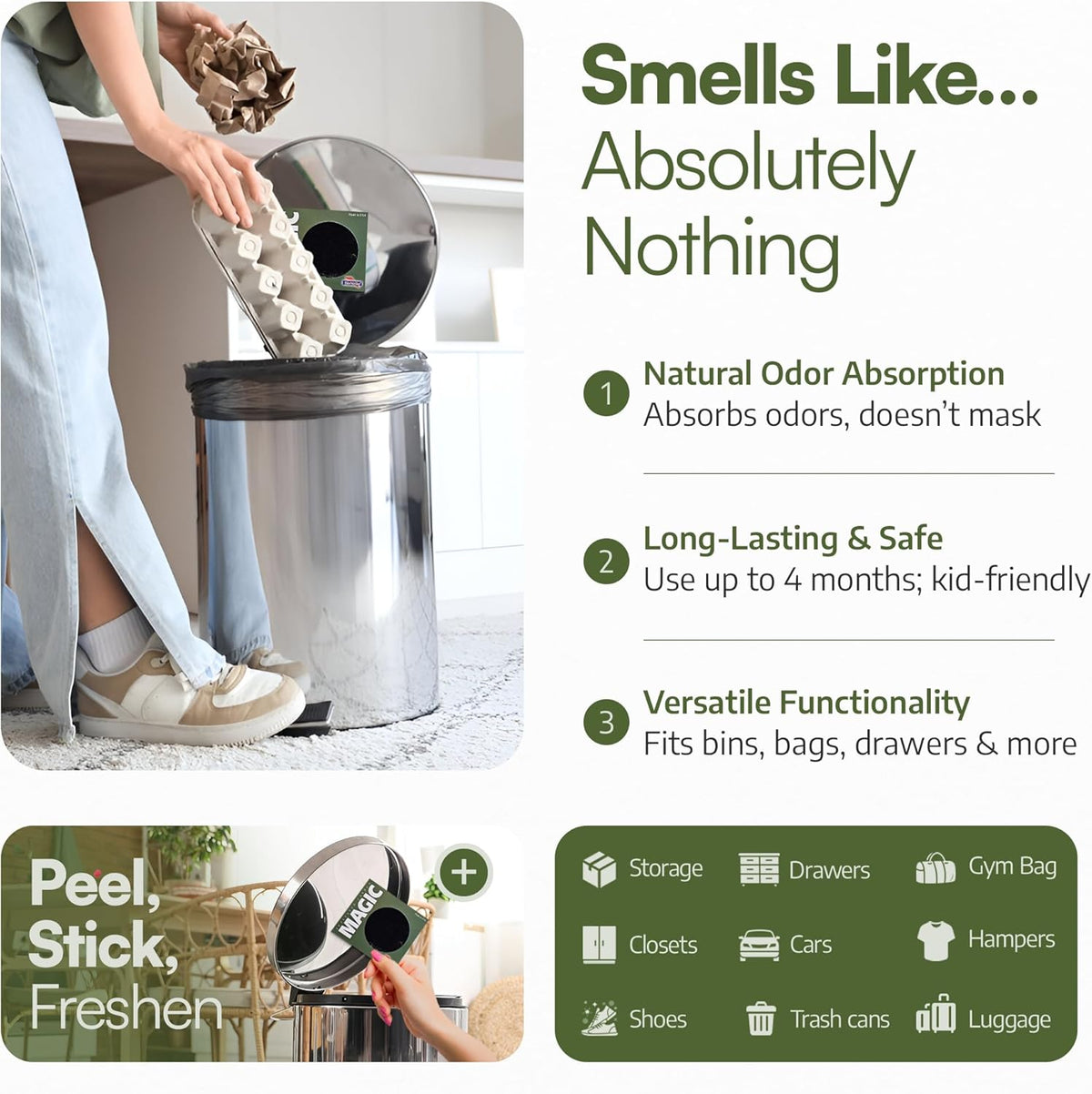 Odor Magic - Activated Charcoal Fridge Deodorizer - Better than Baking Soda - Peel & Stick Kitchen Deodorizer & Air Freshener for Trash Cans, Fridge, Compost, Drawers - Made in USA (1 Pack)