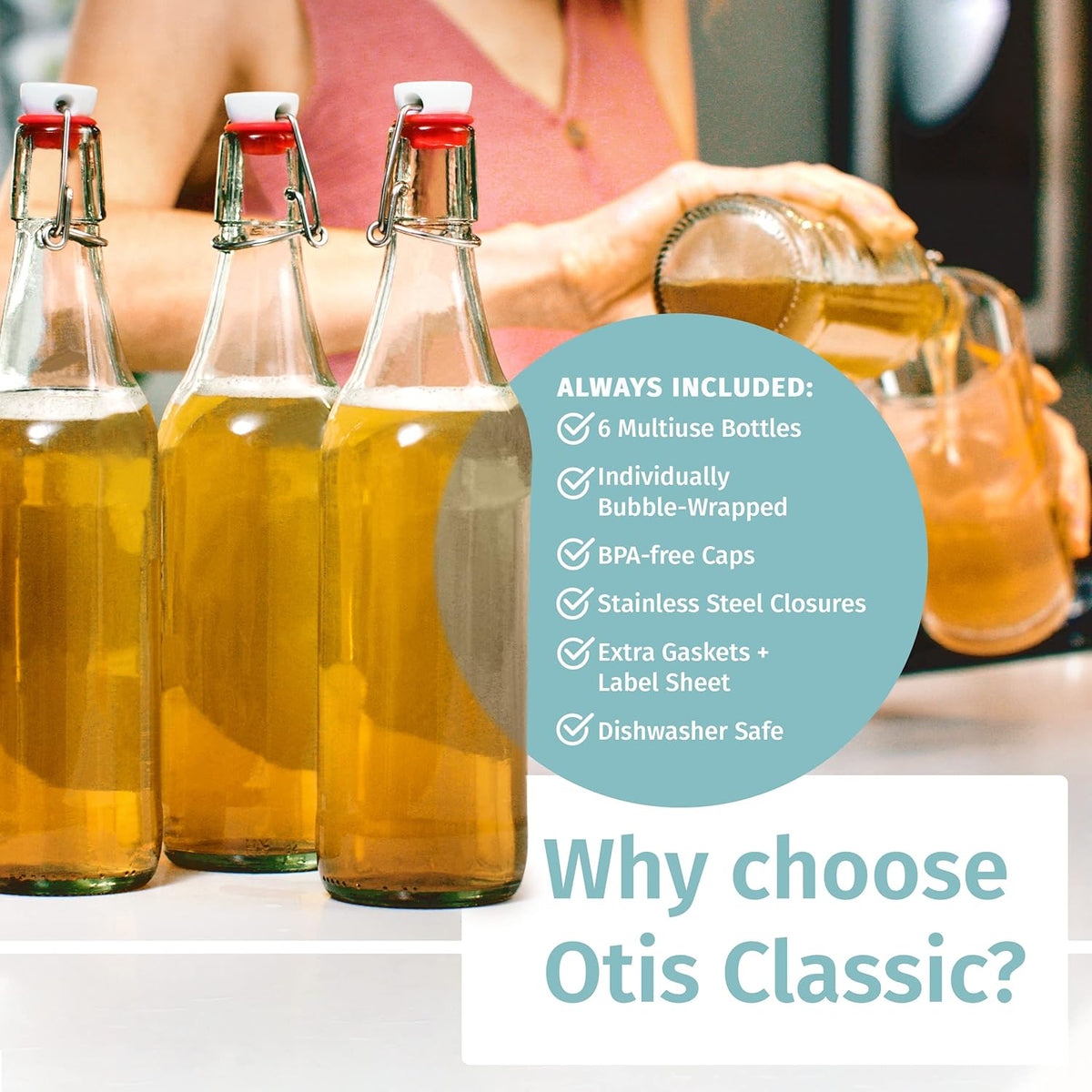 Otis Classic Swing Top Glass Bottles - Set of 6, 16oz w/Marker & Labels - Clear Bottle with Caps for Juice, Water, Kombucha, Wine, Beer Brewing