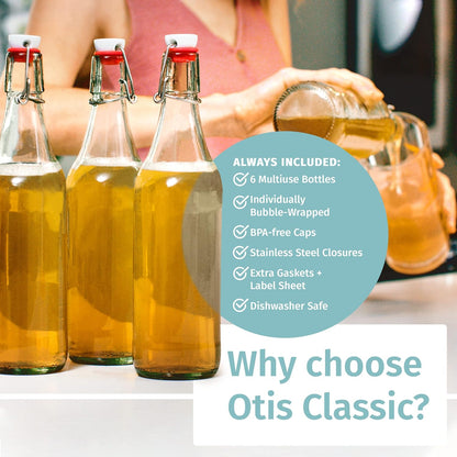 Otis Classic Swing Top Glass Bottles - Set of 6, 16oz w/Marker & Labels - Clear Bottle with Caps for Juice, Water, Kombucha, Wine, Beer Brewing