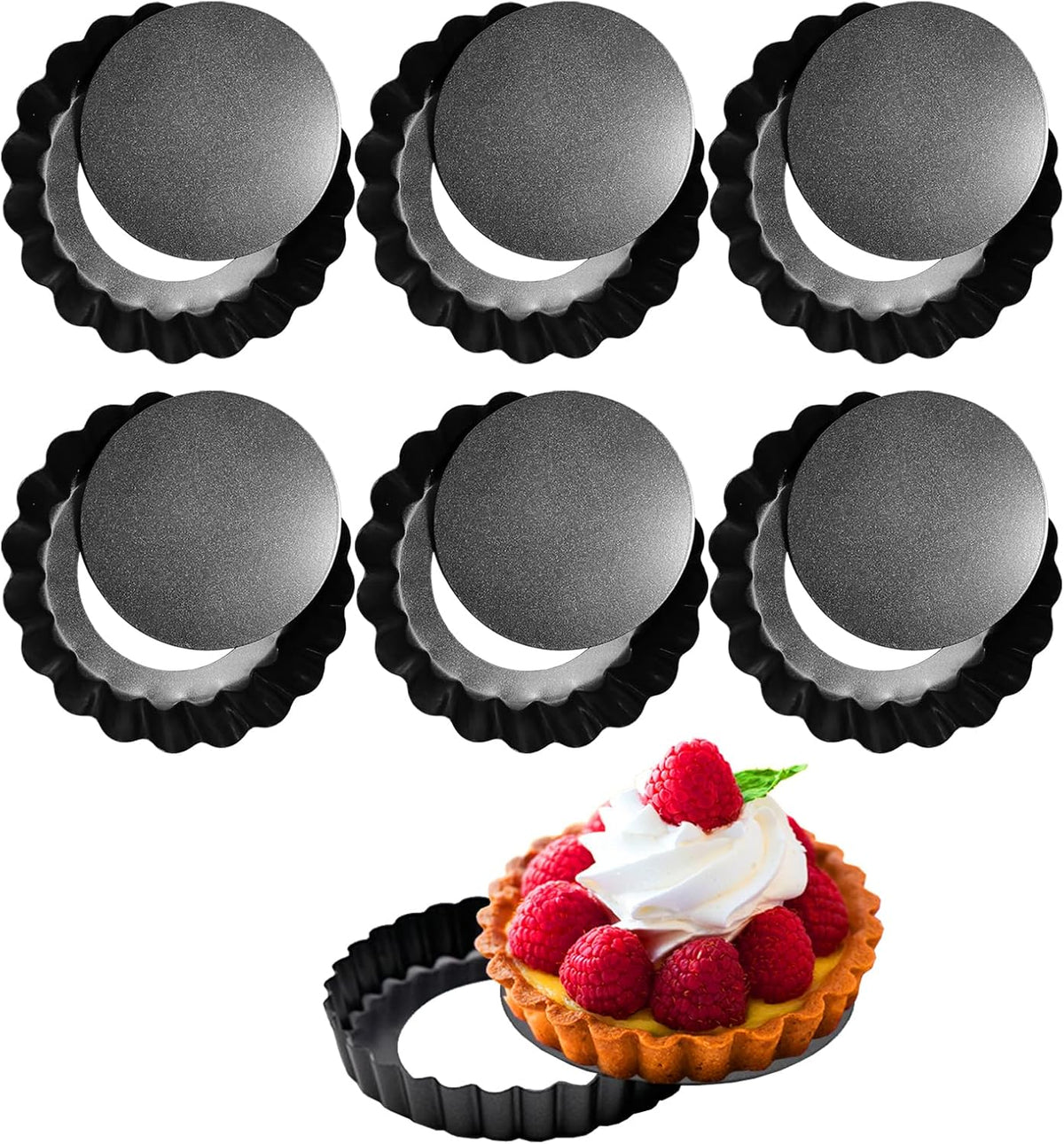 6 Pack Mini Tart Pans 4 Inch with Removable Bottom Round Non-stick Deep Quiche Pan, Heavy Duty Fluted Side for Pies, Egg Tart Molds for Baking