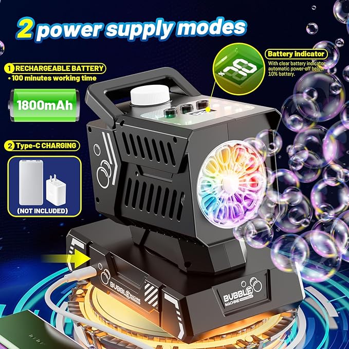 Bubble Machine Remote Control 98ft Range,Auto Rotation & 11 RGB Lights, 1800mAh Rechargeable Battery/USB-C Charging,Top-Fill Portable Bubble Maker for Kids Birthday Party Wedding Pool Outdoor