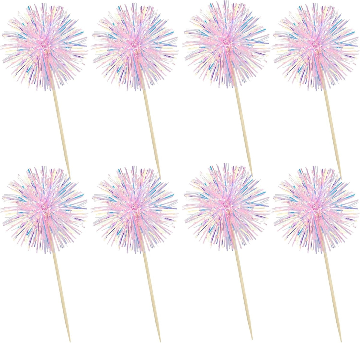 Ephlyn 30Pcs Foil Firework Cupcake Toppers Happy Birthday Cake Toppers Tinsel Flower Drink Stirrers Cocktail Food Fruit Toothpicks for Valentine's Day Party Decorations Pink