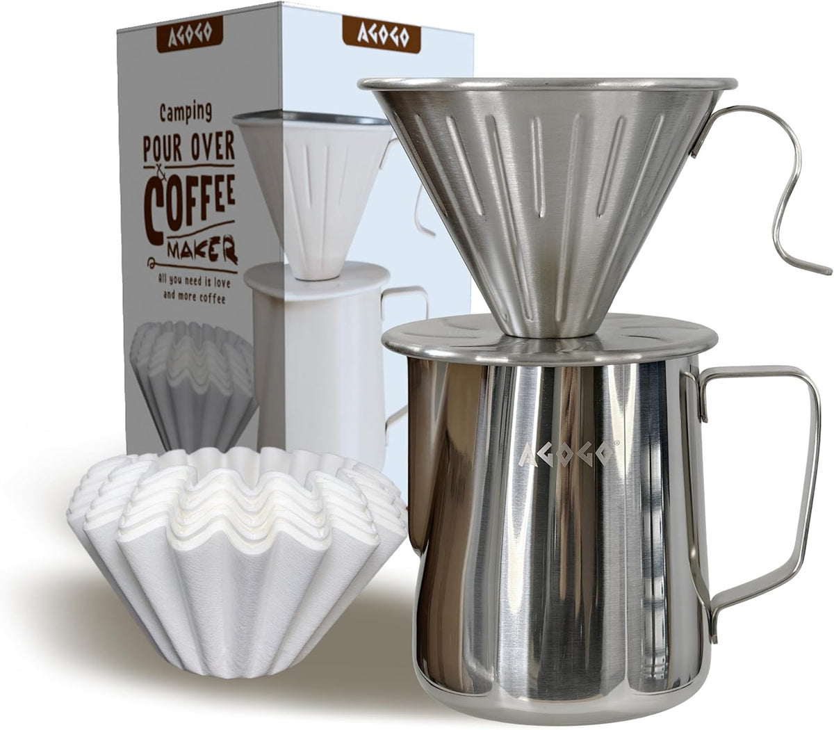 AGOGO Camping Pour Over Coffeemaker Set with Paper Filter Stainless Steel (Silvery, 600ml)