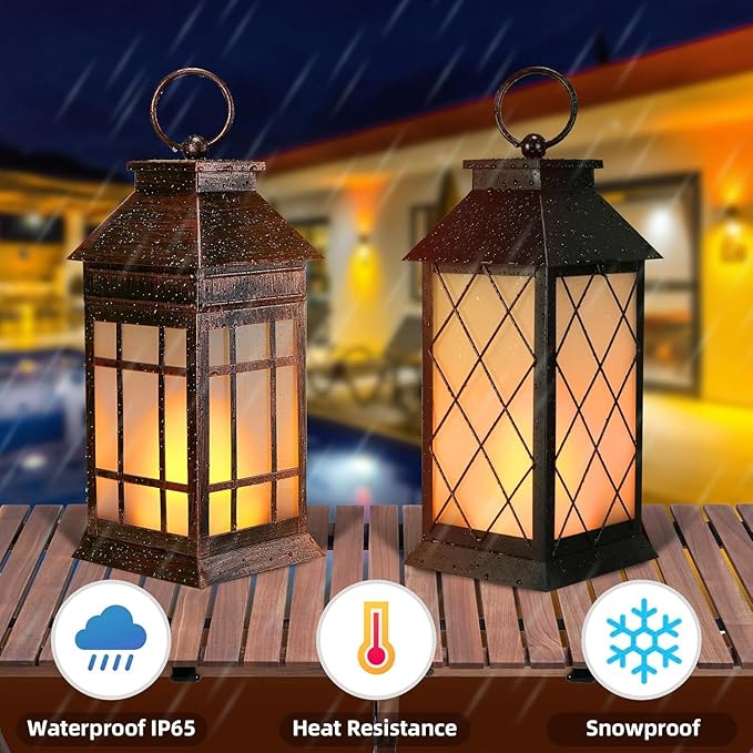 18" Solar Lanterns Outdoor Waterproof, Glass Solar Flickering Flame Lantern Large Hanging Solar Lantern Metal Decorative for Patio Garden Backyard Outside Tabletop Mothers Day Gifts Mom